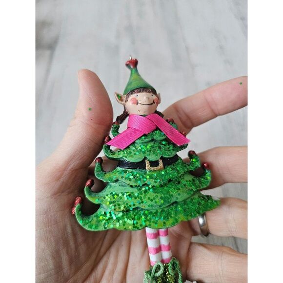 Elf tree girl ornament unique AS IS Xmas green glitter striped - Picture 8 of 8